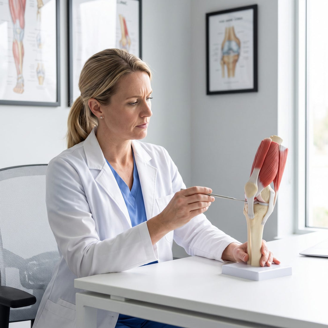 Physical therapist explaining a knee joint model