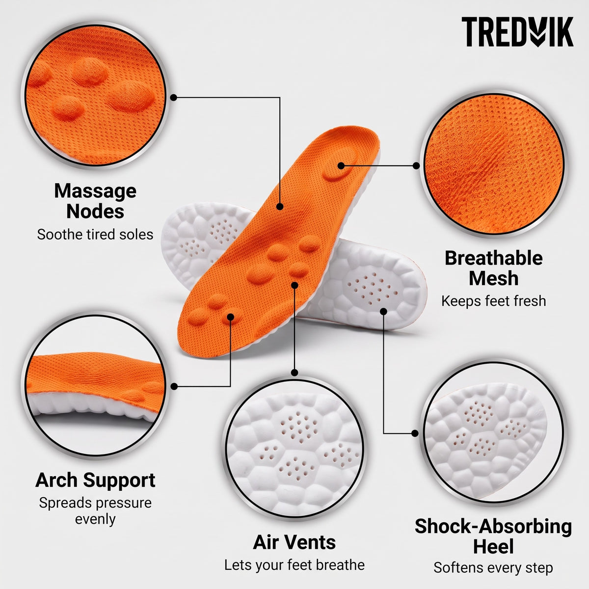 Massage Insoles features: massage nodes, arch support, breathable mesh, shock-absorbing heel, air vents