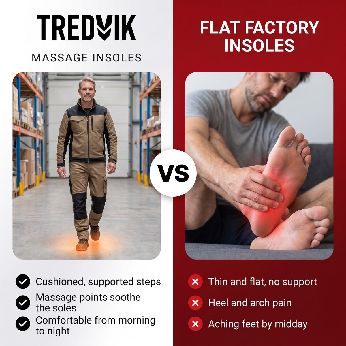 TREDVIK Massage Insoles vs flat factory insoles