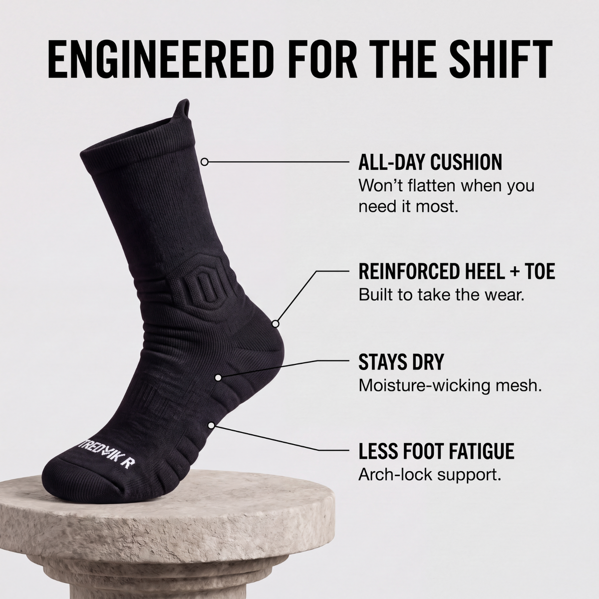 Work socks with cushioning and supportive knit